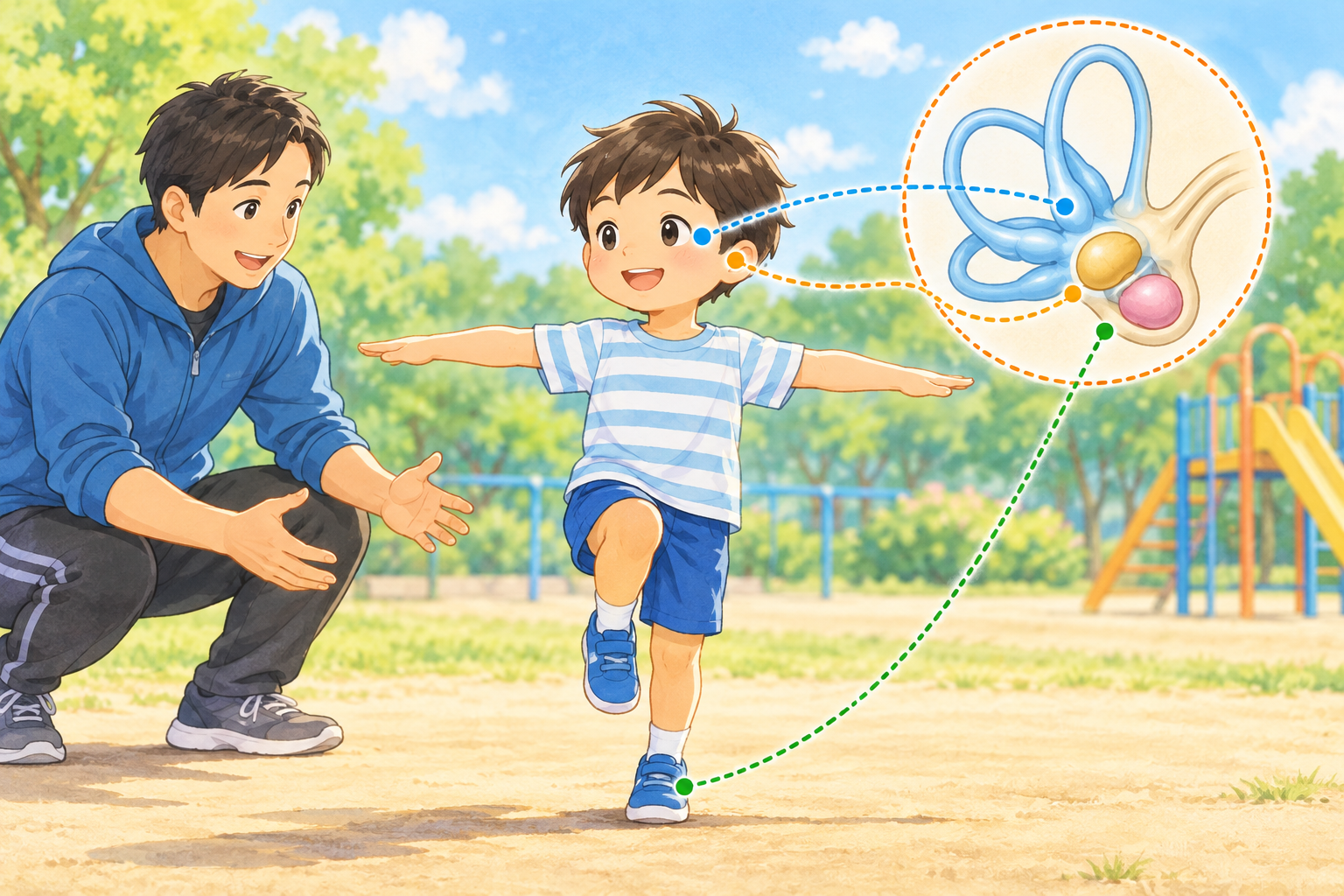 大人が見守る片足立ちの子どもと、耳の奥のセンサーを表したイメージイラスト
